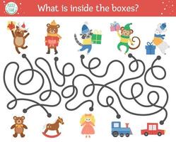 labyrinthe de noël pour les enfants. activité éducative imprimable préscolaire hiver nouvel an. jeu de vacances amusant ou puzzle avec des animaux mignons, des cadeaux et des jouets. ce qu'il y a dans les boites vecteur