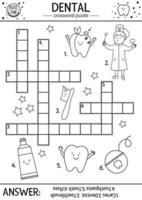 vecteur de mots croisés de soins dentaires en noir et blanc. Quiz sur l'hygiène buccale ou coloriage pour les enfants. activité médicale éducative avec dentiste mignon, dent, brosse à dents, dentifrice