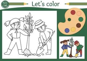 coloriage de jardin pour enfants avec un garçon et une fille plantant un arbre. illustration vectorielle de contour de printemps. adorable livre de couleurs nature pour les enfants avec exemple coloré. feuille de travail imprimable de compétence de dessin vecteur