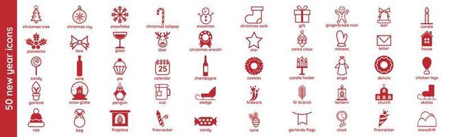 50 morceaux d'icônes festives du nouvel an sur fond blanc - vector