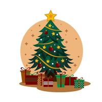 arbre de Noël avec de nombreux cadeaux de vacances, en attendant les vacances - vecteur