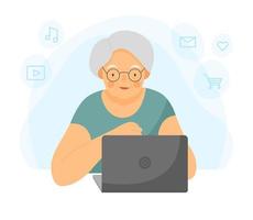 grand-mère heureuse avec ordinateur portable. une vieille femme travaille sur un ordinateur portable. grand-mère est assise devant l'ordinateur. vecteur