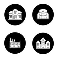 ensemble d'icônes de glyphe de bâtiments de la ville. pub, centre commercial, hôtel, mairie. illustrations vectorielles de silhouettes blanches dans des cercles noirs vecteur