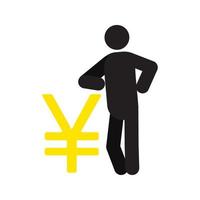 l'homme s'appuie sur l'icône de silhouette de signe yen. homme d'affaires, analyste, économiste, financier, commerçant, gestionnaire. personne réussie et confiante. illustration vectorielle isolée vecteur