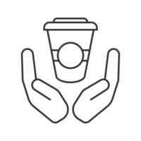 paumes ouvertes avec icône linéaire de tasse de papier. café gratuit. illustration de la ligne mince. thé à emporter. symbole de contour. dessin de contour isolé de vecteur