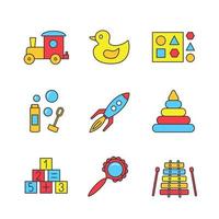 Ensemble d'icônes de couleur de jouets pour enfants. train, canard en caoutchouc, jouet trieur de formes, souffleur de bulles, fusée, pyramide, blocs mathématiques, hochet, xylophone. illustrations vectorielles isolées vecteur