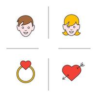 Ensemble d'icônes de couleur pour la Saint-Valentin. garçon et fille, coeur piercing flèche, bague de mariage en or avec coeur. illustrations vectorielles isolées vecteur