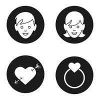 ensemble d'icônes de la Saint-Valentin. garçon et fille, coeur piercing flèche, bague de mariage en or avec coeur. illustrations vectorielles de silhouettes blanches dans des cercles noirs vecteur