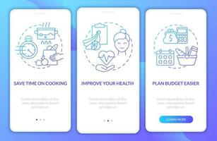 raisons de la planification des repas écran de la page d'intégration du dégradé bleu de l'application mobile vecteur
