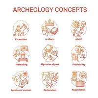 jeu d'icônes de concept d'archéologie. étudier l'histoire des objets anciens. fouilles, conservation des valeurs idée fine ligne illustrations couleur rvb. dessins de contour isolés vectoriels vecteur
