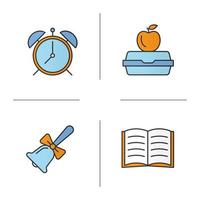 ensemble d'icônes de couleur école et éducation. réveil, cloche d'école, boîte à lunch, livre ouvert. illustrations vectorielles isolées vecteur