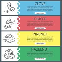 ensemble de modèles de bannière web d'épices. clou de girofle, gingembre, pignon, noisette. éléments de menu de couleur de site Web avec des icônes linéaires. concepts de conception d'en-têtes de vecteur