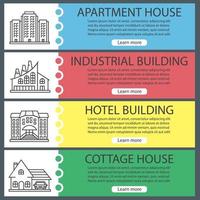 ensemble de modèles de bannière web de bâtiments de la ville. Immeuble, usine industrielle, hôtel, chalet. éléments de menu de couleur de site Web avec des icônes linéaires. concepts de conception d'en-têtes de vecteur