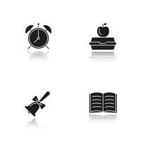 Ensemble d'icônes de glyphe noir d'ombre portée de l'école. réveil, cloche d'école, boîte à lunch, livre ouvert. illustrations vectorielles isolées vecteur