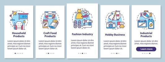 écran de la page de l'application mobile d'intégration de la production locale, concepts linéaires. produits menagers. entreprise de loisirs. instructions graphiques en cinq étapes. modèle vectoriel ux, ui, gui avec illustrations