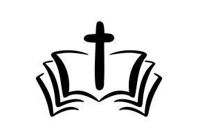 Illustration vectorielle du logo chrétien. Emblème avec Croix et Sainte Bible. Communauté religieuse. Élément de design pour affiche, logo, badge, signe