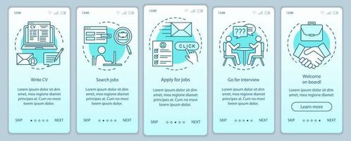 écran de page d'application mobile de recherche d'emploi avec des concepts linéaires. rédiger un cv, postuler à un emploi, passer un entretien, obtenir des instructions graphiques de travail. étapes instructions graphiques. modèle vectoriel ux, ui, gui