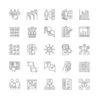 ensemble d'icônes linéaires d'enquête. question et réponse. sondage social. enquête de groupe. entretien, retour d'expérience. analyse statistique. symboles de contour de ligne mince. illustrations de contour de vecteur isolé. trait modifiable