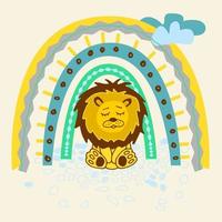 lion mignon et arc-en-ciel. illustration vectorielle. utilisez ce clipart pour créer des invitations à une fête prénatale, de l'art de la pépinière, un décor d'anniversaire, des cartes de voeux, des vêtements pour enfants. vecteur