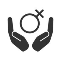 paumes ouvertes avec l'icône de glyphe de symbole féminin. symbole de silhouette. soins de santé des femmes. espace négatif. illustration vectorielle isolée vecteur