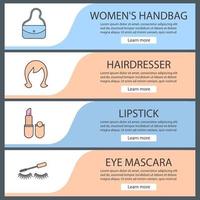 ensemble de modèles de bannière web accessoires cosmétiques. sac à main, perruque, rouge à lèvres, mascara pour les yeux. éléments du menu de couleur du site Web. concepts de conception d'en-têtes de vecteur