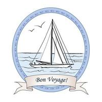 yacht dans la bannière de l'océan. carte de voyage vintage bon voyage. icône de la mer nautique. croquis d'illustration vectorielle de bateau dans la mer. vecteur