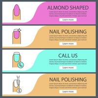 ensemble de modèles de bannière web manucure. manucure en forme d'amande, prix du vernis à ongles, appel téléphonique au salon de manucure. éléments du menu de couleur du site Web. concepts de conception d'en-têtes de vecteur