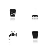 service de nettoyage ombre portée icônes noires définies. protection de l'environnement. eau courante du robinet, corbeilles de recyclage, vadrouille. illustrations vectorielles isolées vecteur