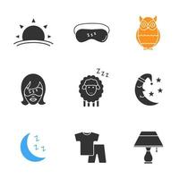 Ensemble d'icônes de glyphe d'accessoires de couchage. symboles de silhouette. coucher de soleil, femme avec masque de sommeil, hibou, mouton, lune, pyjama, lampe de table. illustration vectorielle isolée vecteur