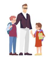 père avec illustration vectorielle plane écoliers. parent prenant des personnages de dessins animés de fils et de fille préadolescents de l'école isolés sur fond blanc. heureux frère et soeur communiquant vecteur