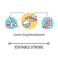 icône de concept de développement de médicaments contre le cancer. illustration de fine ligne d'idée de traitement d'oncologie. Médicament. thérapie par pilules. pharmacologie. recherche en laboratoire médical. dessin de couleur rvb isolé de vecteur. trait modifiable vecteur