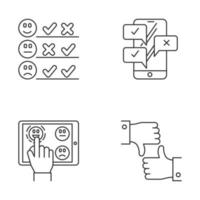 ensemble d'icônes linéaires d'enquête. choisissez le niveau de satisfaction. rétroaction positive, négative. discussion en ligne. aime, n'aime pas signe. symboles de contour de ligne mince. illustrations de contour de vecteur isolé. trait modifiable