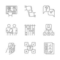 ensemble d'icônes linéaires d'enquête. niveau de satisfaction. commentaires en ligne. aime n'aime pas. entretien. enquête orale. profil personnel. symboles de contour de ligne mince. illustrations de contour de vecteur isolé. trait modifiable