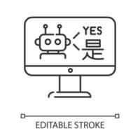 icône linéaire de service de traduction de langue. chatbot multilingue. Traducteur en ligne. interprétation automatisée. illustration de la ligne mince. symbole de contour. dessin de contour isolé de vecteur. trait modifiable vecteur