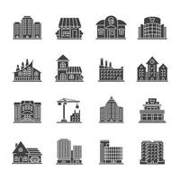 ensemble d'icônes de glyphe de bâtiments de la ville. architecture de la ville. supermarché, musée, café, usine, bibliothèque, centre d'affaires. symboles de silhouette. illustration vectorielle isolée vecteur