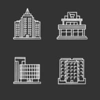 ensemble d'icônes de craie de bâtiments de la ville. centre commercial, centre d'affaires, gratte-ciel, immeuble de plusieurs étages. illustrations de tableau de vecteur isolé