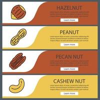 ensemble de modèles de bannière web de types de noix. noisette, arachide, noix de pécan et noix de cajou. éléments du menu de couleur du site Web. concepts de conception d'en-têtes de vecteur