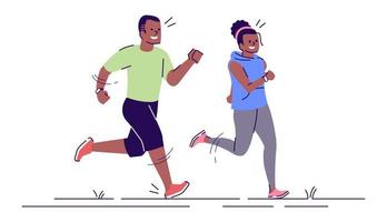 homme et femme sur l'illustration vectorielle plane de formation en cours d'exécution. activité sportive. couple de jogging. garçon afro-américain de sprint, personnages de dessins animés isolés de fille avec des éléments de contour sur fond blanc vecteur