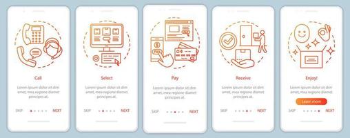 Écran de page d'application mobile d'intégration des achats en ligne avec des concepts linéaires. appelez, sélectionnez, payez, recevez, profitez. étapes instructions graphiques. achat numérique. modèle vectoriel ux, ui, gui avec illustrations