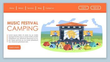 modèle de vecteur de page de destination camping festival de musique. idée d'interface de site Web de concert en plein air d'été avec des illustrations plates. mise en page de la page d'accueil du dj fest. bannière web de divertissement, concept de dessin animé de page web