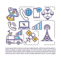 télécommunications, modèle vectoriel de page d'article de l'industrie de la radiodiffusion. brochure, magazine, élément de conception de livret avec icônes linéaires et zones de texte. design d'impression. illustrations de concept avec espace de texte