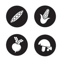 ensemble d'icônes de légumes. gousse de pois ouverte, maïs, betterave, champignons. illustrations vectorielles de silhouettes blanches dans des cercles noirs vecteur