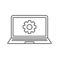 icône linéaire des paramètres de l'ordinateur portable. illustration de la ligne mince. ordinateur portable avec symbole de contour de roue dentée. dessin de contour isolé de vecteur