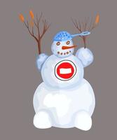 bonhomme de neige avec des branches mains. personnage de dessin animé vecteur