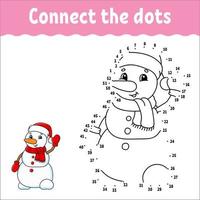 jeu de point à point. tracer une ligne. bonhomme de neige de noël. pour les enfants. fiche d'activité. livre de coloriage. avec réponse. personnage de dessin animé. vecteur