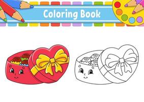 livre de coloriage pour les enfants. boîte-cadeau ouverte avec des chocolats. personnage de dessin animé. illustration vectorielle. silhouette de contour noir. isolé sur fond blanc. vecteur