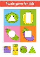 jeu de puzzle pour les enfants. pratique de la coupe. fruits et légumes. feuille de travail de développement de l'éducation. page d'activité. personnage de dessin animé. vecteur