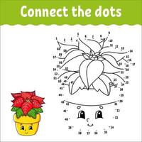 jeu de point à point. tracer une ligne. fleur de poinsettia dans un pot. pour les enfants. fiche d'activité. livre de coloriage. avec réponse. personnage de dessin animé. vecteur