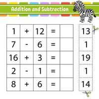 addition et soustraction. tâche pour les enfants. feuille de travail de développement de l'éducation. page d'activité. jeu pour les enfants. drôle de personnage. illustration vectorielle isolée. style de bande dessinée. vecteur