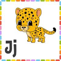 alphabet drôle. lettre j - jaguar. cartes flash carrées abc. personnage de dessin animé isolé sur fond blanc. pour l'éducation des enfants. feuille de travail en développement. apprendre les lettres. illustration vectorielle de couleur. vecteur